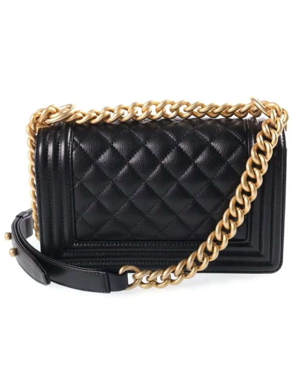 Chanel Boy 20 Quilted Small Caviar Leather Chain Shoulder Bag Gold Black Plate